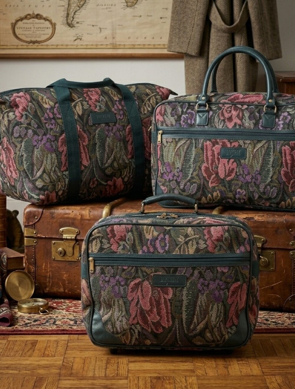 Vintage 3-Piece Floral Tapestry Luggage Set - Weekender & Duffle Bags
